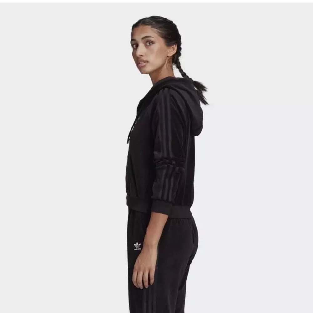 Adidas Womens size L Black 3-Stripes Velour Loungewear Cropped Full Zip Hoodie - Picture 2 of 7